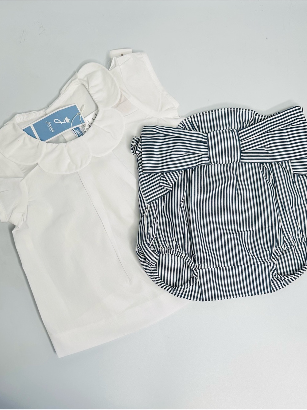Jacadi White Peter Pan Collar Top with Navy Striped Bow Bloomer
